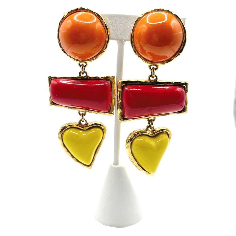 Christian Lacroix Made In France Vintage Clip On Earrings Porcelain Cabochons 3”